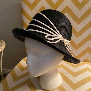 Vintage black ladylike straw hat with white trim by Rozanne (shlv)